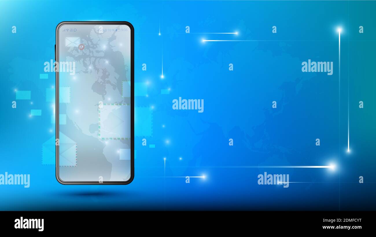 Email marketing concept with smartphone. Smartphone receives emails from all over the world, data to other portable devices around the world. Instant Stock Vektor