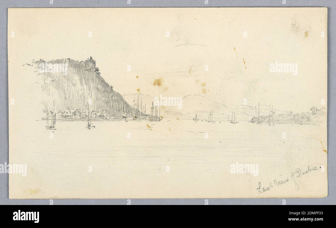 Letzte Ansicht von Quebec, Arnold William Brunner, Amerikaner, 1857–1925, Graphit auf Papier, Narrows, mit hohem Grat, rechts, Boote, mit Bergen dahinter., USA, 1881, Seestücke, Zeichnung Stockfoto