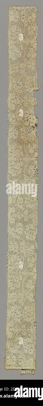 Border, Medium: Leinen Technik: Klöppelspitze (frühe Valenciennes Boden), Cap Spitze mit Valenciennes Boden. Schriftrolle mit Chrysantheme-Motiv und gerader Kante., Niederlande, 17. Jahrhundert, Spitze, Bordüre Stockfoto