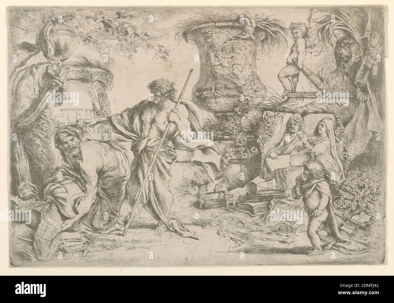 Allegorie der Vergänglichkeit, Giovanni Benedetto Castiglione, italienisch, 1609–1664, Radierung auf Papier, Szene von zwei Hirten und einem Jungen zwischen klassischen Ruinen. Rechts kauert eine knieende männliche Figur mit einem Turban in der Nähe eines Köchers von Pfeilen. Zu seiner Rechten zeigt eine stehende Figur mit einem Hirtenstab seine rechte Hand auf eine Inschrift auf einer geschwungenen Wand. Rechts hält ein kleiner Junge in einem Umhang einen Finger an den Mund. Hinter ihm wäscht eine Frau das Gesicht eines Mannes (möglicherweise eine Skulptur). Auf der Wand oben rechts in der Nähe einer großen geschnitzten Urne steht eine Cherub-Figur, die eine Fledermaus hält., Italien, 1655, Figuren Stockfoto