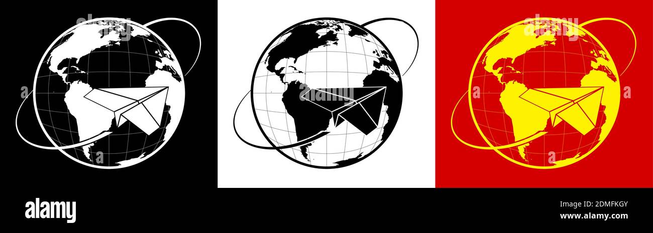 Papierflugzeuge fliegen vor dem Hintergrund des Globus. E-Mail-Konzept. Lieferung von Briefen. Internationale Flugreisen. Transport von Waren und Stock Vektor