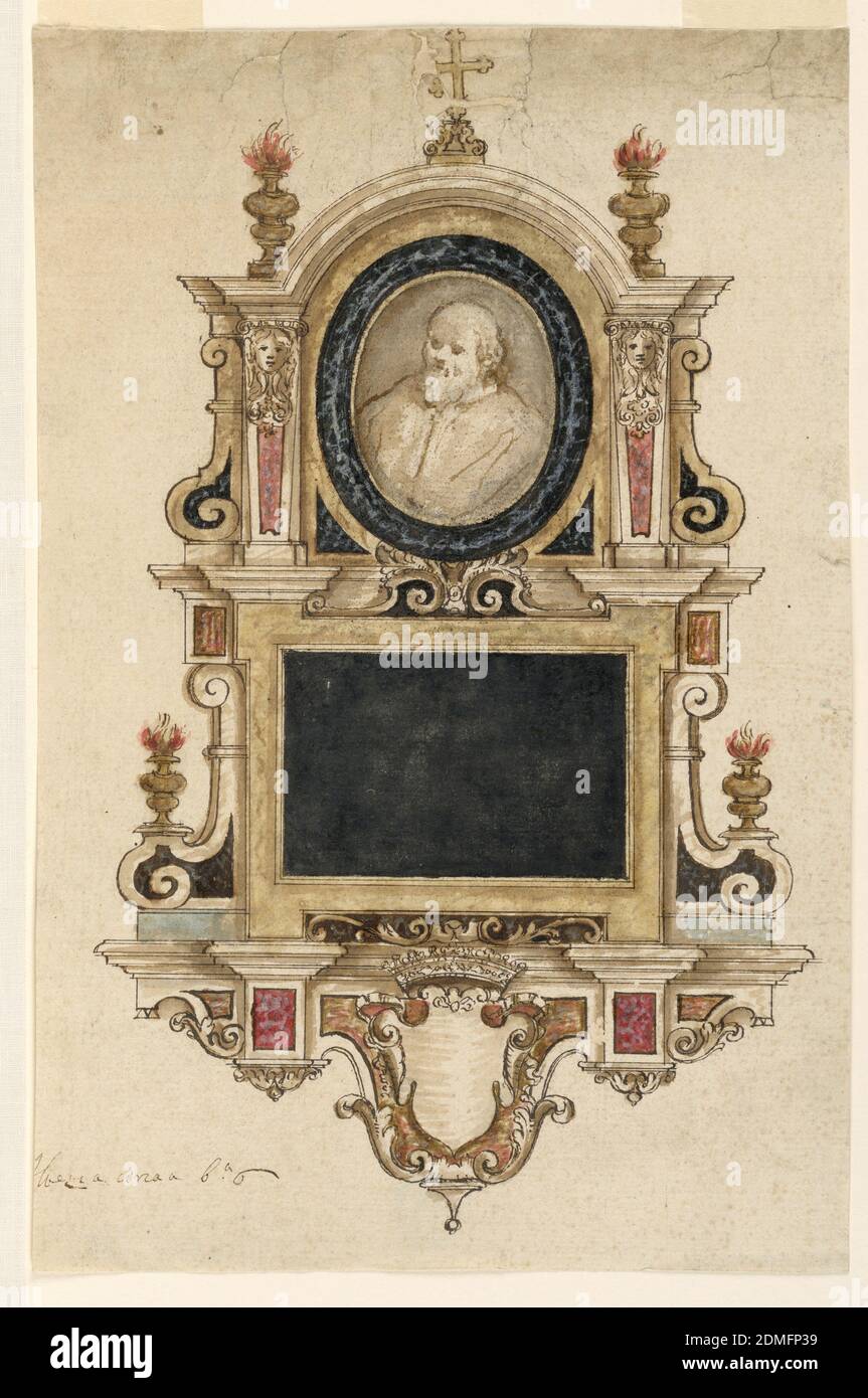 Entwurf für ein Sepulchral-Denkmal, Stift und braune Tinte, Pinsel und Gouache, braune Wäsche auf cremefarbenem Büttenpapier, vertikales Rechteck. Design für ein Denkmal an einer Wand aus einer Vielzahl von bunten Stein befestigt werden. Der obere Teil enthält ein ovoidales Porträt eines bärtigen Mannes. Die Tafel für die Beschriftung befindet sich im unteren Teil. Unten sind zwei Klammern. Ein fürstlicher Escutcheon befindet sich vor der Tafel zwischen diesen. Eine Krone und zwei Flammenurnen sind oben., Rom, Italien, 1620–40, Architektur, Zeichnung Stockfoto