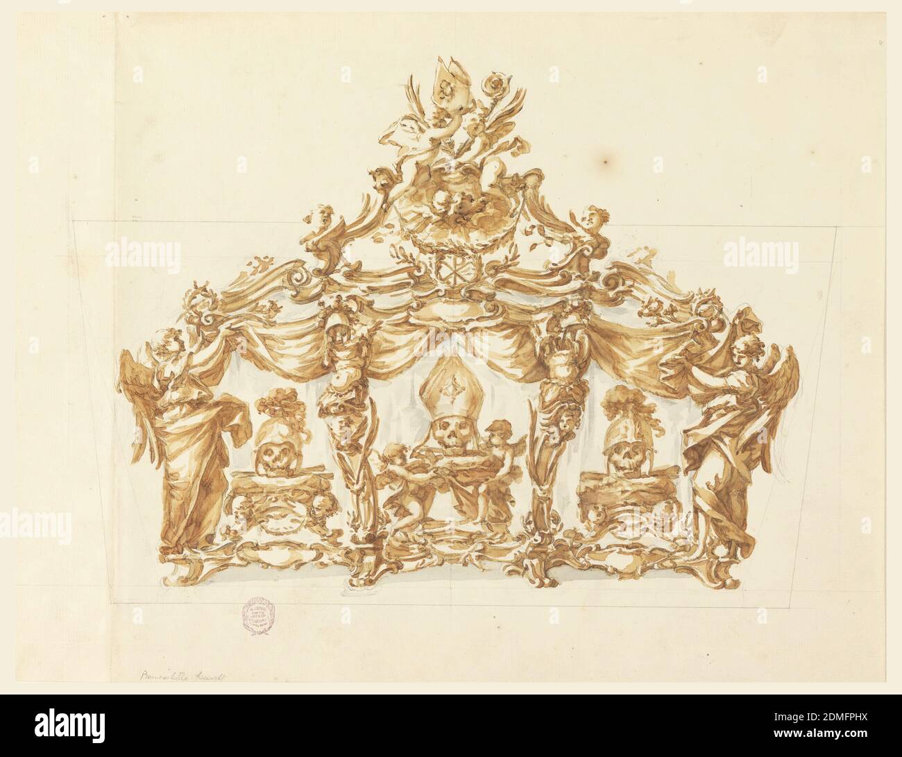 A Reliquary for Three Skulls, Carlo Marchionni, Italian, 1702–1786, Black Crayon, Brush, Sepia und graue Wasserfarbe., das Bild ist in einem horizontalen Rechteck. Es wird ein Kasten mit einem Giebel gezeigt, dessen allgemeine Form die eines Dreiecks ist. Die Front besteht aus einer Basis und zwei Engeln an den Ecken und zwei gaines von leeren Rüstungen im Inneren. In der Mitte ist ein Schädel mit einer Mitra auf einer Basis, die von zwei kleinen Engeln getragen wird, daneben stehen zwei Schädel mit Helmen, die zusammen mit Knochen auf Basen stehen. Die großen Engel an den Ecken heben einen Vorhang. Auf dem Giebel befinden sich zwei Engel mit Mitra und Handfläche Stockfoto
