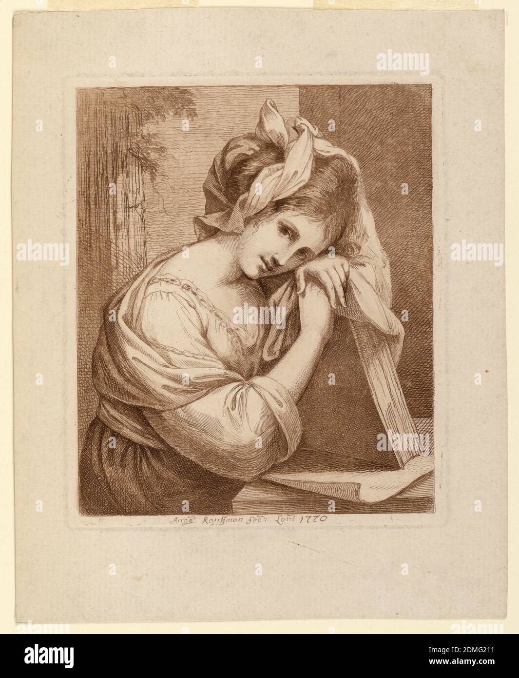 Self Portrait, Angelica Kauffmann, (Swiss, 1741–1807), Radieren auf gedeckten Papier sitzt die Künstlerin an einem Tisch, legt ihre Ellbogen darauf, mit dem Kopf auf den Händen, die von einem großen Buch unterlegt sind., England, 1770, Print Stockfoto