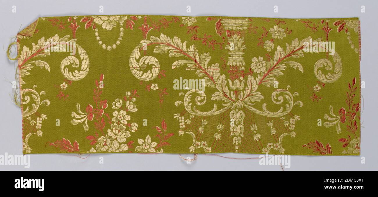 Probe, Orinoka Mills, (Philadelphia, Pennsylvania, USA), grün/gelbe Kette und rote und goldene Farbausdrucke, USA, ca. 1910, gewebte Textilien, Muster Stockfoto