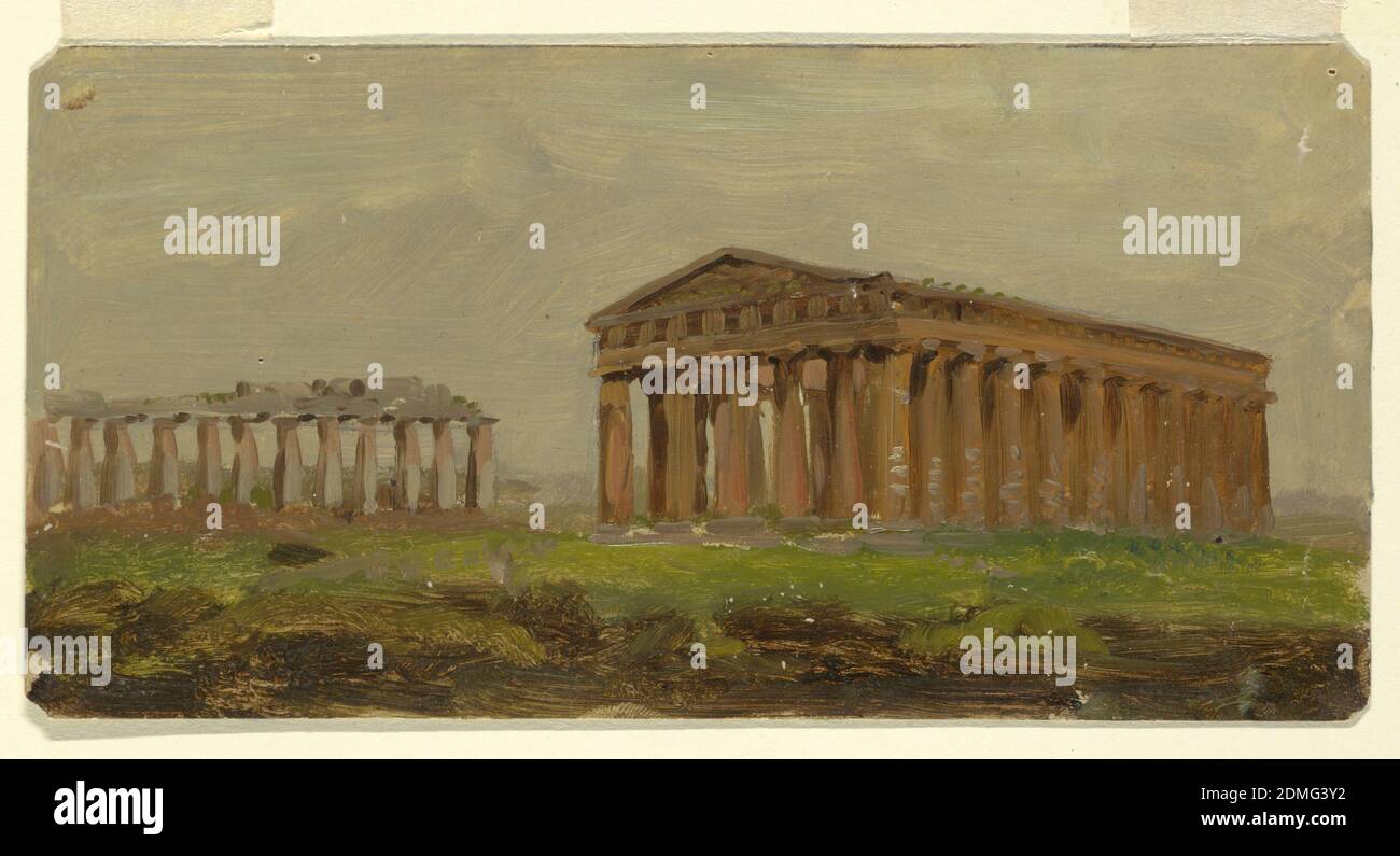 Paestum, Neptuntempel, Frederic Edwin Church, amerikanisch, 1826–1900, Pinsel und Öl, Graphit auf Karton., Neptuntempel und Basilika in Paestum, Italien, aus dem Nordosten unter wolkigen Himmel., 1868, Architektur, Zeichnung Stockfoto