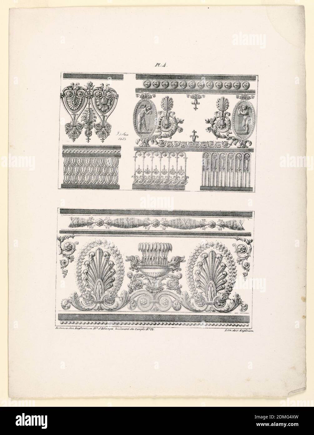 Drei Friesen, Teller 4 fr, Desflorennes, Jean DuBois, französisch, ca. 1750 – nach 1801, Lithograph Unterstützung: Weißes Wove-Papier, Frankreich, 1823, Ornament, Print Stockfoto