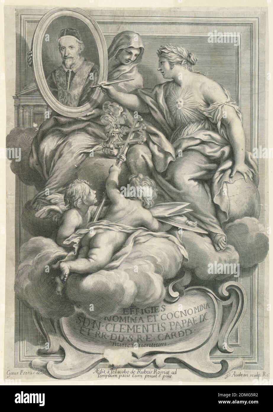 Effigies Nomina et Cocnomina Clementis Papae IX, Gérard Audran, Flämisch, aktiv in Frankreich, 1640–1703, Ciro Ferri, Italienisch, 1634 - 1689, Gravur auf Papier, Italien, 1640-1703, Print Stockfoto