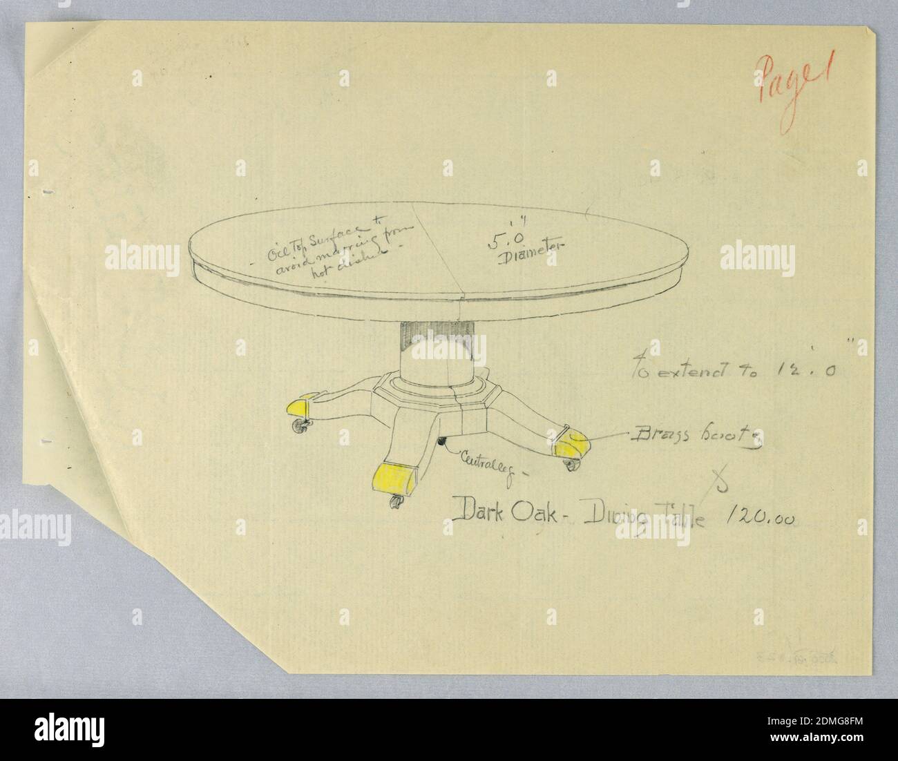 Design für einen fünfbeinigen Esstisch aus dunkler Eiche, A.N. Davenport Co., Graphit und rot-gelber Bleistift auf dünnem, cremefarbenem Papier, runde und geformte Tischplatte mit einer teilenden Bahre, die über die Mitte läuft; Ist auf einer einfachen säulenartigen Stütze auf einer geformten Basis auf gespreizten Beinen mit Messingsabots auf Rollen mit gelbem Farbstift angegeben angehoben., 1900–05, Möbel, Zeichnung Stockfoto