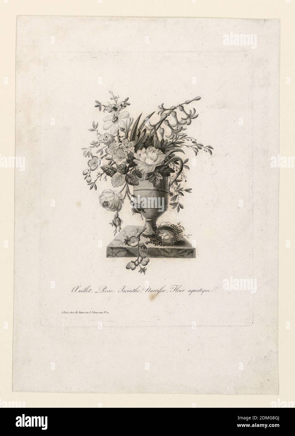 Blumenvase, Charles Bance, französisch, aktiv 1793 - 1823, Stippelgravur auf Papier, Urne mit Rosen, Hyazinthen und Wasserblumen. Ein Vogelnest auf Basis., Frankreich, ca. 1810, Drucken Stockfoto