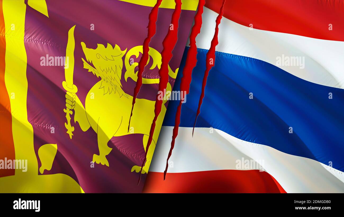 Sri Lanka und Thailand Flaggen mit Narbenkonzept. Winkende Flagge, 3D-Rendering. Sri Lanka und Thailand Konfliktkonzept. Sri Lanka Thailand Beziehungen concep Stockfoto