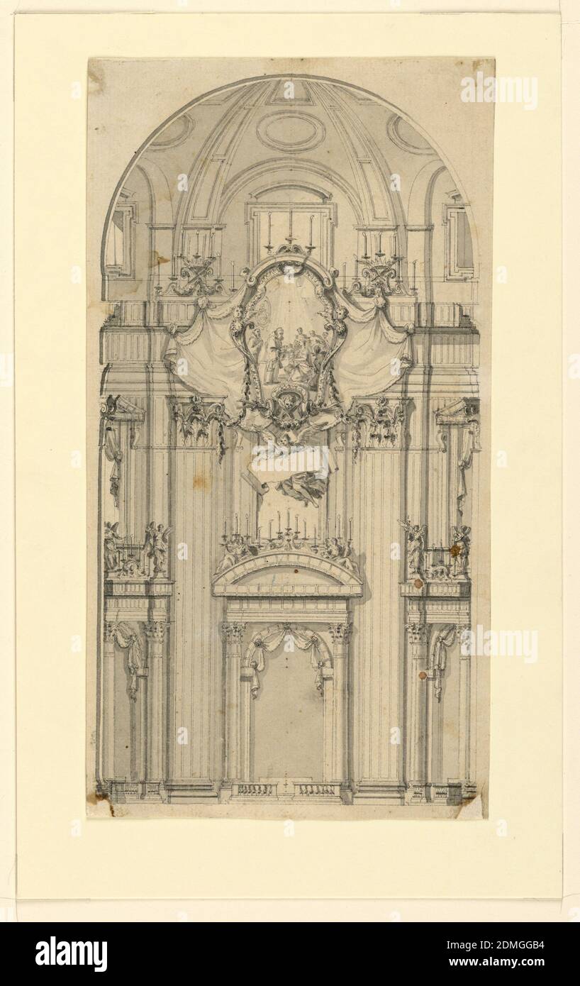 Wanddekoration für die Heiligsprechung, St. Peter, Rom, Italien, Luigi Vanvitelli, Italienisch, 1700 – 1773, Stift und schwarze Tinte, Pinsel und Grauwäsche auf cremefarbenem Papier, Hochformat-Architekturdesign für das Innere des Petersdoms, gewölbte Kuppel oben. Galerie der Türen auf der unteren Ebene, umgeben von korinthischen Doppelpilastern. Oben in der Mitte ein großer, von Draperie umgebener Steinschnitt. Auf dem Escutcheon, eine figürliche Szene., Italien, ca. 1745, Architektur, Zeichnung Stockfoto