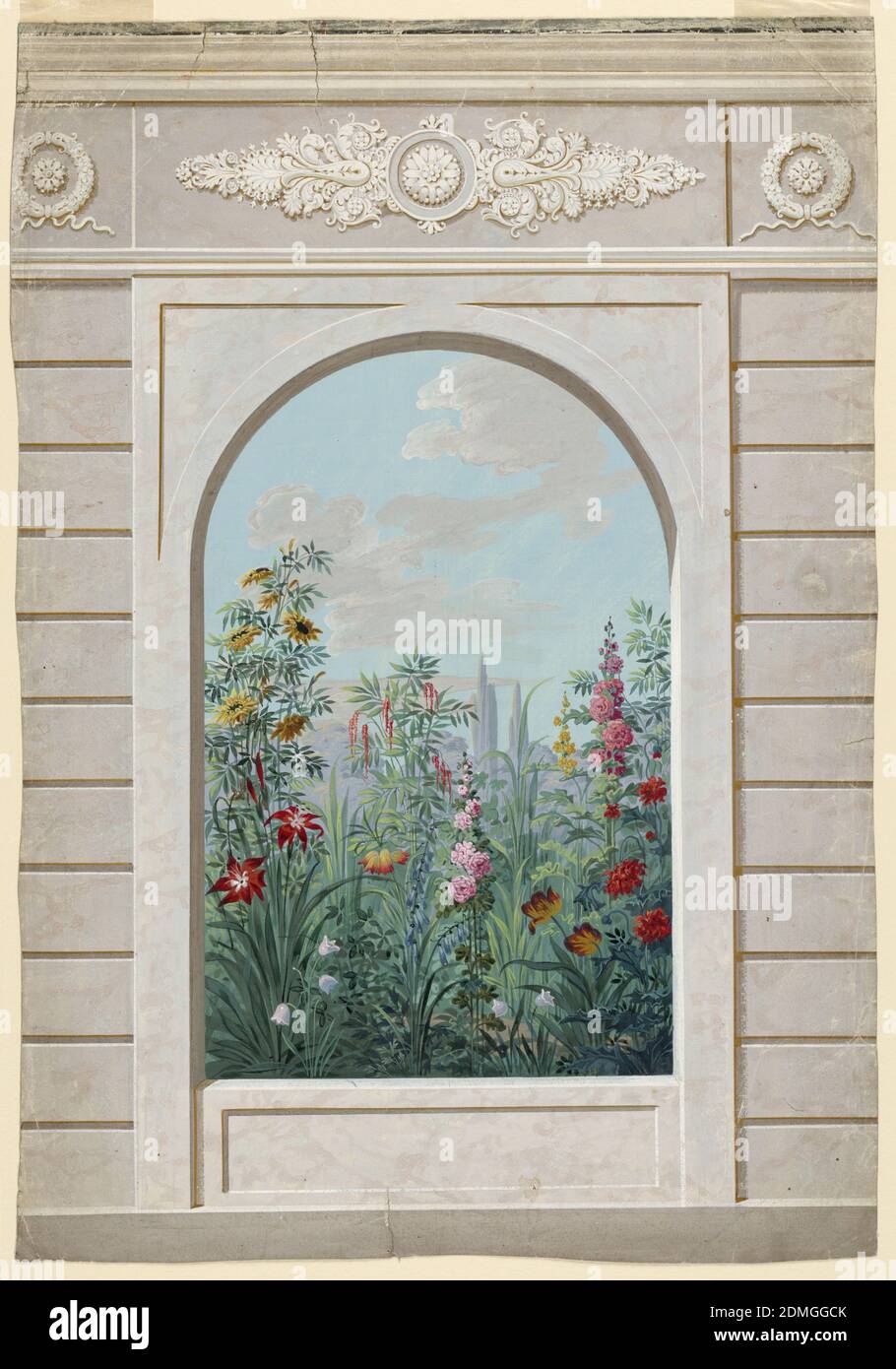 Tapetenentwurf: Garten durch Nische gesehen, Pinsel und Gouache, Graphit auf weißem Papier, Blick in einen Garten durch eine gewölbte Öffnung in seiner Wand., Österreich, 1820–25, Tapetenentwürfe, Zeichnung Stockfoto