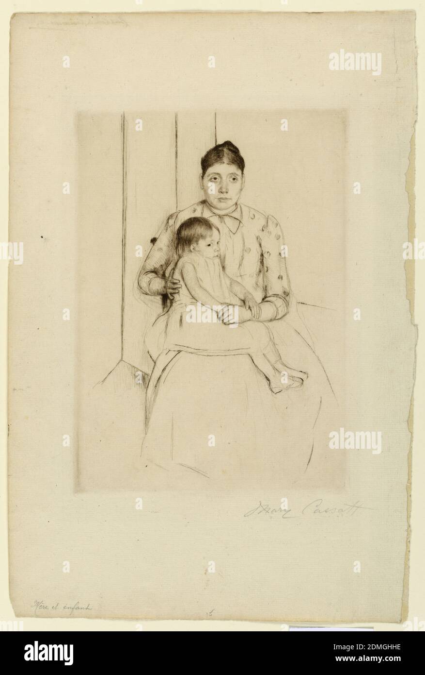 Repose, Mary Cassatt, Amerikanerin, 1844 - 1926, Drypoint auf Papier, sitzende Frau wird frontal in Bluse mit Herzen darauf dargestellt. Auf dem Schoß sitzt kleines Mädchen in schlichtem Kleid., USA, 1890, Figuren, Print Stockfoto