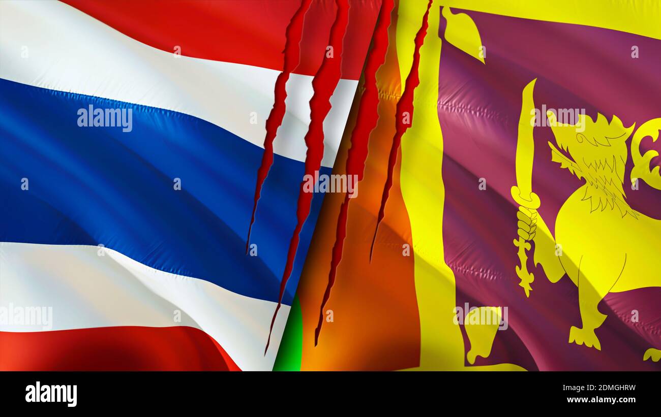 Thailand und Sri Lanka Flaggen mit Narbenkonzept. Winkende Flagge, 3D-Rendering. Thailand und Sri Lanka Konfliktkonzept. Thailand Sri Lanka Beziehungen concep Stockfoto