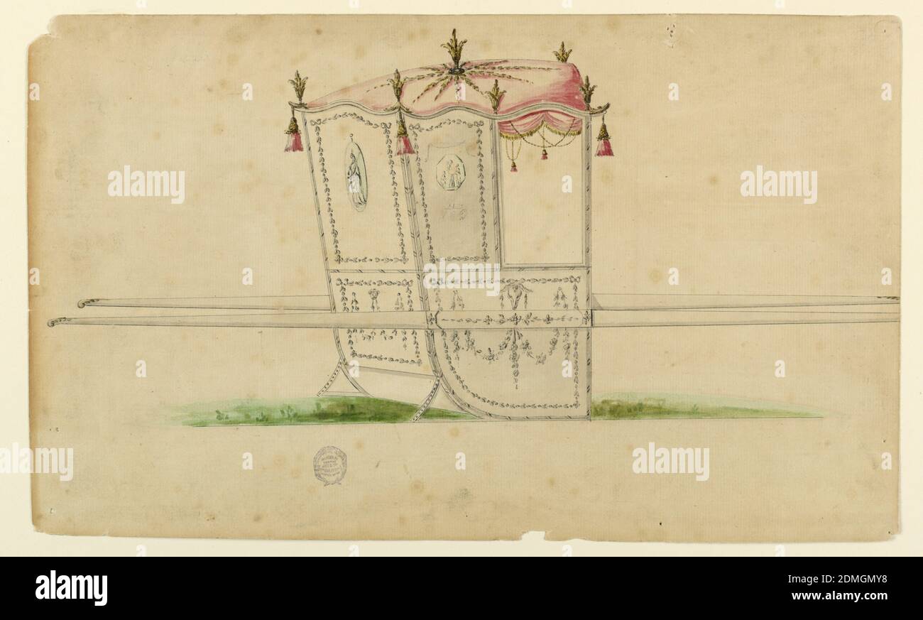 Design für einen Sedan Stuhl, Stift und Tinte, Pinsel und verschiedene Wasserfarben auf Papier mit zusätzlicher schwarzer Kreide, gezeigt von der hinteren rechten Ecke mit zwei Stäben. Der obere Rand ist gewellt. Blattzweige sind an den Ecken und auf dem Dach. Quasten hängen an den Ecken. Die Paneele neben dem Fenster und die entsprechende auf der Rückseite sind mit Girlanden als Rahmen verziert und innen mit einem ovalen Medaillon mit einer stehenden Frau, auf der Rückseite eine achteckige Darstellung eines Opfers, seitlich. Oben und unten sind grob skizzierte Ornamente. Die unteren Platten haben ähnliche Rahmen. Festoons sind im Inneren Stockfoto