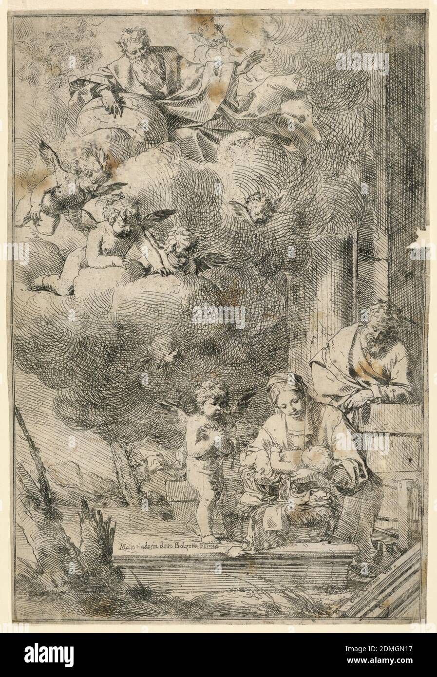 Die Jungfrau, die das Christkind in die Krippe legt, Giulio Carpione, Italienisch, 1613 - 1678, Radierung auf Papier, die Jungfrau stellt das Jesuskind in eine Krippe, auf einen Schritt gestellt. Ein Engel steht bei Maria, und der heilige Josef ist hinter ihr, rechts. Gott der Vater und Engel am Himmel., Verona, Italien, ca. 1650, Drucken Stockfoto