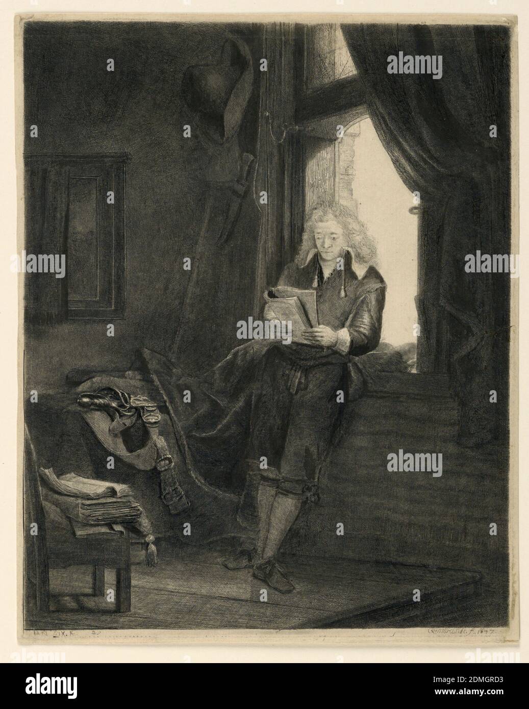 Jan Six, Rembrandt Harmensz van Rijn, Niederländisch, 1606–1669, Radierung auf Papier, Innenansicht, in tiefen Schatten dargestellt, das Licht aus dem Fenster rechts. Das Subjekt wird stehend dargestellt, sich gegen die Fensterbank lehnend, dem Betrachter zugewandt. Er liest, das Buch mit beiden Händen gehalten., Niederlande, 1647, Print Stockfoto