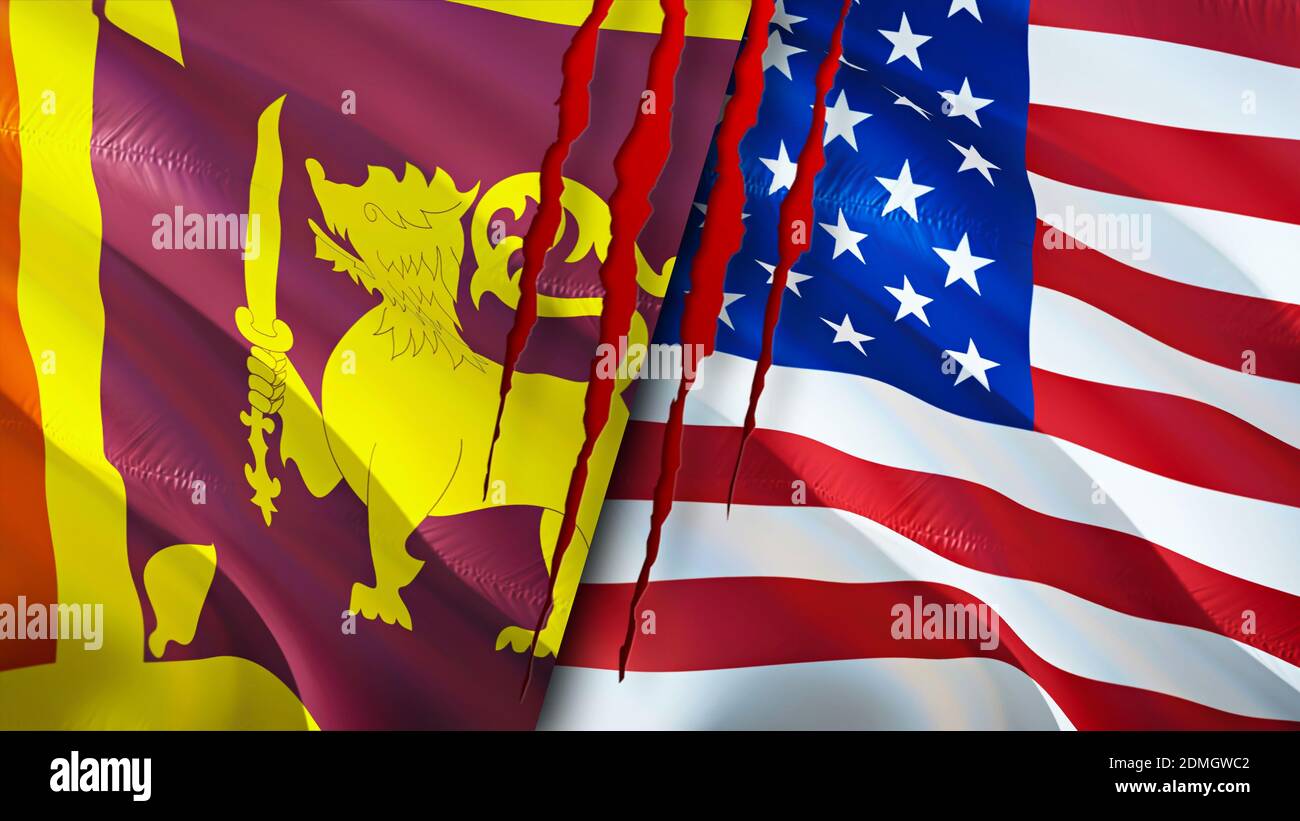 Sri Lanka und USA Flaggen mit Narbenkonzept. Winkende Flagge, 3D-Rendering. Sri Lanka und USA Konfliktkonzept. Sri Lanka USA Beziehungen Konzept. Flagge von Sri Stockfoto