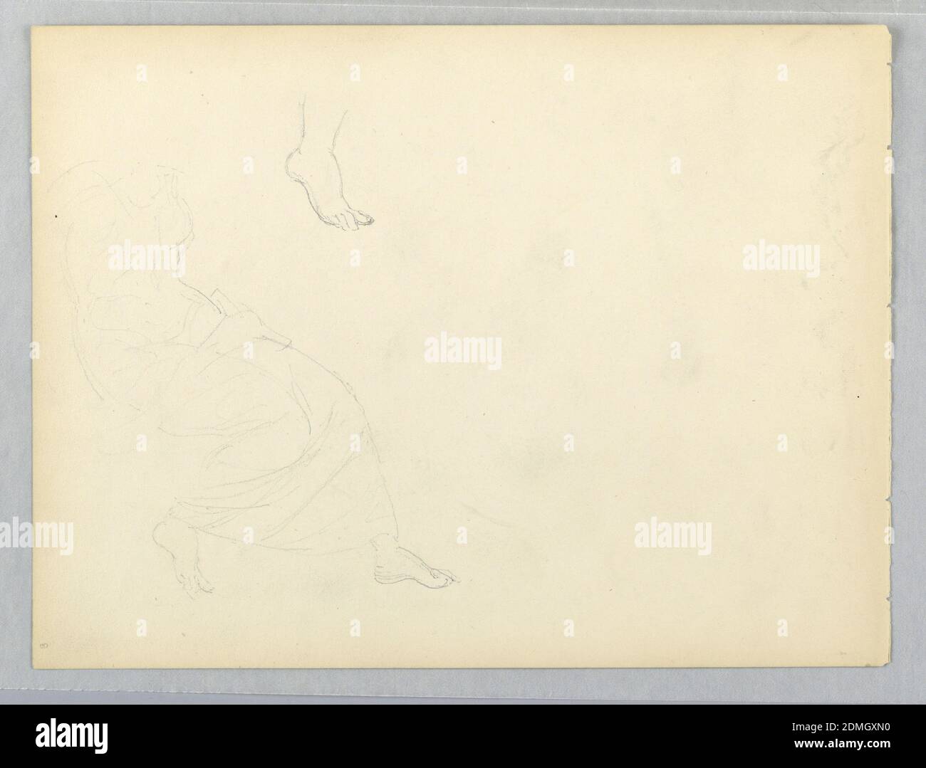 Skizze sitzende Frau für National Academy of Design Tympanon, Daniel Huntington, amerikanisch, 1816–1906, Graphit auf cremefarbenem Wove-Papier, sitzende Frau links, leicht skizziert, ohne Kopf und Arme. Rechter Fuß oben wiederholt., USA, ca. 1885, Figuren, Zeichnung Stockfoto