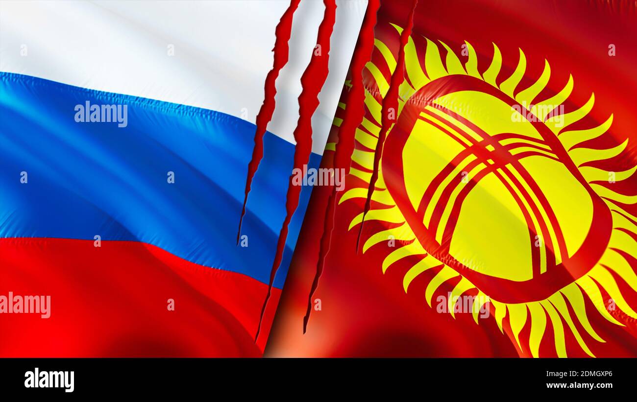 Russland und Kirgisistan Flaggen mit Narbenkonzept. Winkende Flagge, 3D-Rendering. Russland und Kirgisistan Konfliktkonzept. Russland Kirgisistan Beziehungen Konzept. Stockfoto