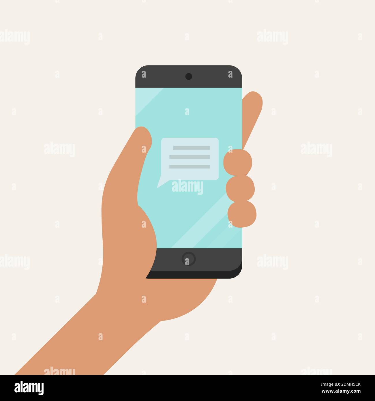 Hand hält Smartphone mit Nachricht Symbol auf dem Bildschirm flach Stil.Vektor Abbildung.Verbindung mit Telefon-Technologie-Konzept Stock Vektor