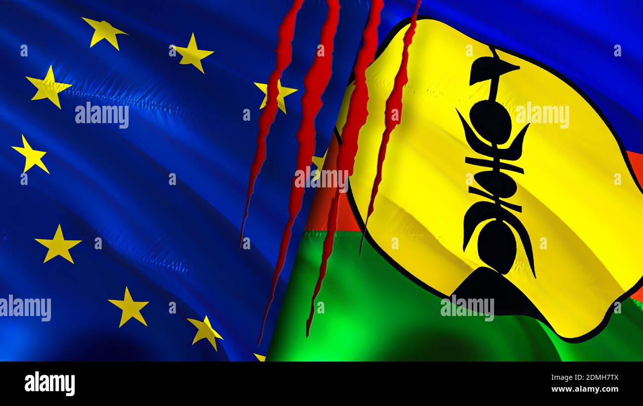 Flaggen der Europäischen Union und Neukaledonien mit Narbenkonzept. Winkende Flagge, 3D-Rendering. Konfliktkonzept der Europäischen Union und Neukaledonien. Europäische Union Stockfoto