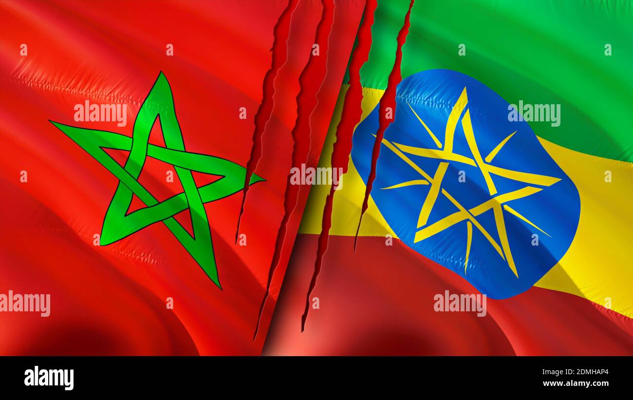 Marokko und Äthiopien Flaggen mit Narbenkonzept. Winkende Flagge, 3D-Rendering. Marokko und Äthiopien Konfliktkonzept. Marokko Äthiopien Beziehungen Konzept. fla Stockfoto