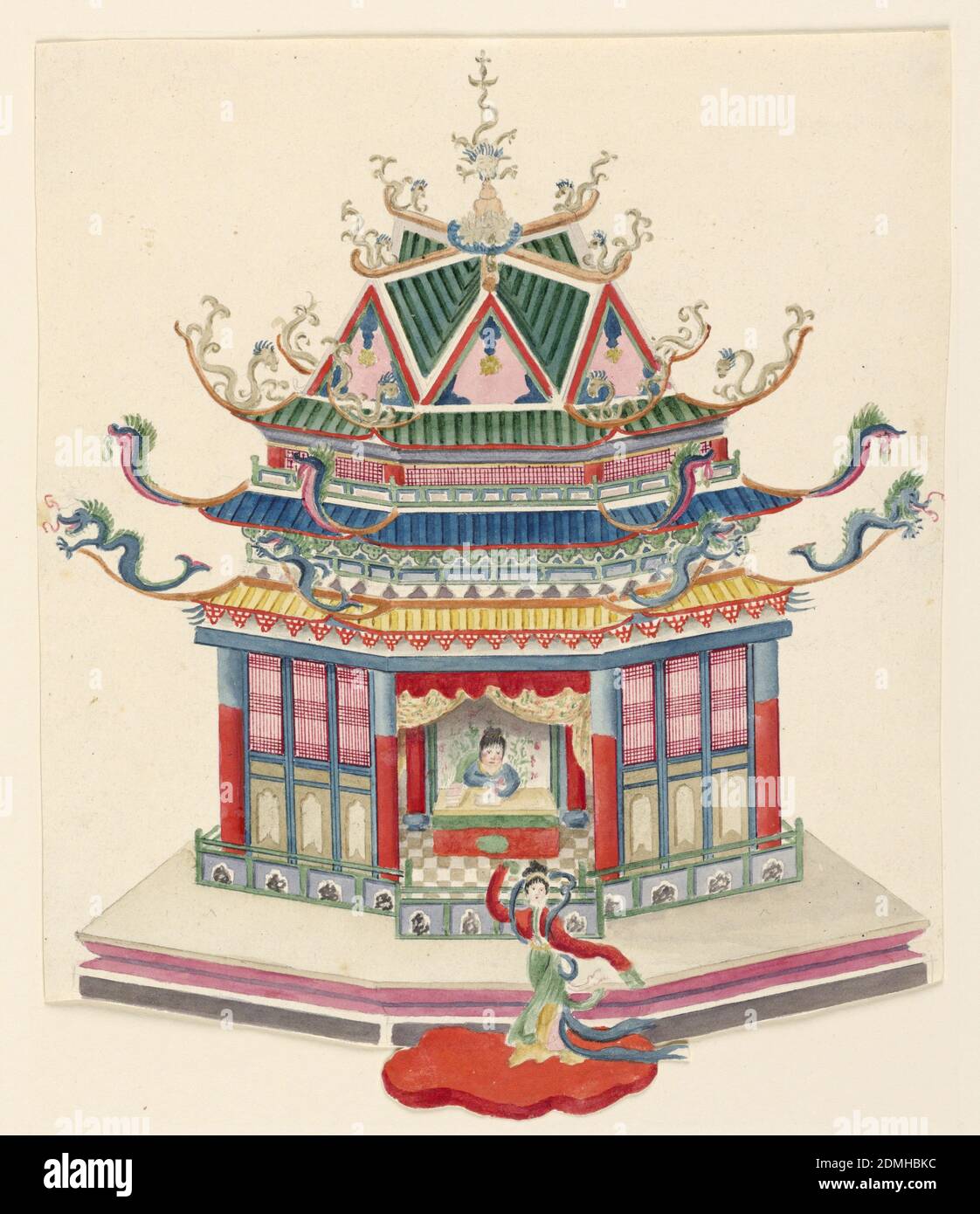 Design for a Chinese Pavilion, Frederick Crace, Englisch, 1779–1859, Pinsel und Aquarell, Stift und Tinte auf Papier, ein achteckiges Gebäude mit drei Dachebenen mit Drachen-Finials. Die Struktur ist eingeschlossen, aber die Seite, die dem Zuschauer zugewandt ist, ist offen und zeigt eine Frau, die vor einem Tisch sitzt. Vor dem Pavillon erscheint eine tanzende Figur., England, 1815–22, Architektur, Zeichnung Stockfoto