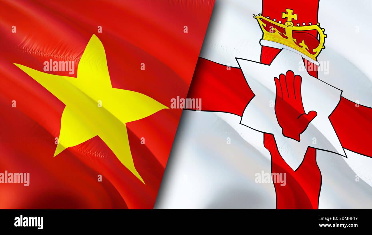 Vietnam und Nordirland Flaggen mit Narbenkonzept. Winkende Flagge, 3D-Rendering. Konfliktkonzept zwischen Vietnam und Nordirland. Vietnam Northern Irelan Stockfoto