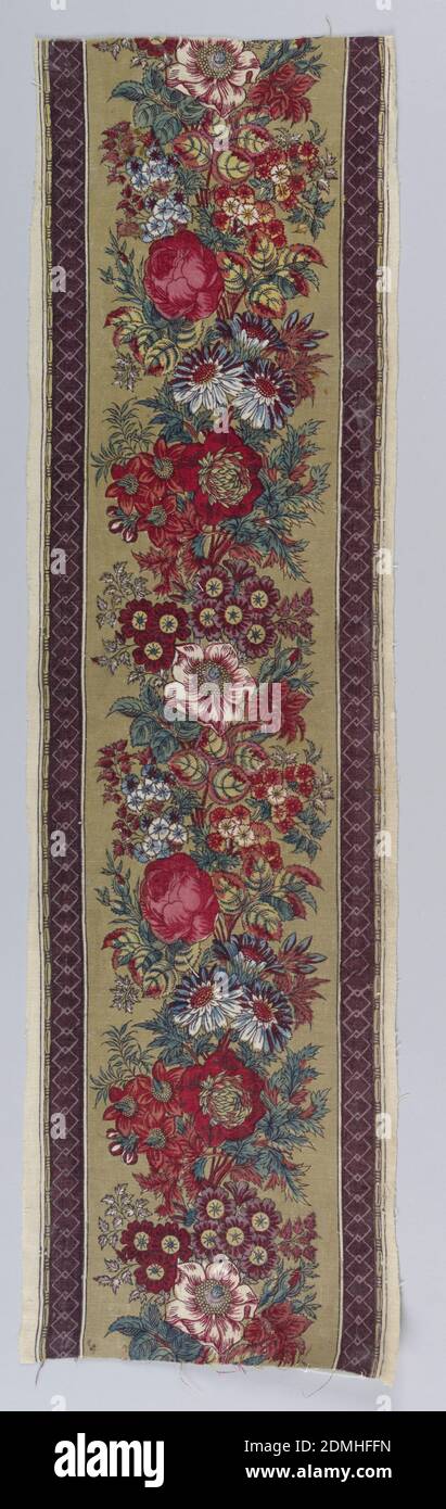 Border, Medium: Cotton Technik: Mader Farben sind Block gedruckt, andere Farben mit Pinsel aufgetragen, einfarbig gewebte Grundlage, massierte Blumen in hellen Farben auf einem tristen Hintergrund., Europa, ca. 1800, bedruckte, gefärbte & bemalte Textilien, Bordüre Stockfoto