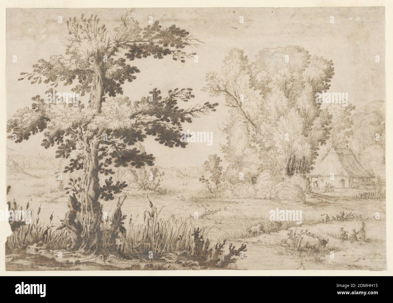 Landschaft mit einem Cottage, Pen und brauner Tinte auf cremefarbenem Papier, EIN großer Baum im linken Vordergrund steht am Rand eines Feldes und Baches, in dem Kühe und Figuren sind. Dahinter, rechts, sind zusätzliche Bäume und ein reetgedeckten Haus, mit anderen Figuren davor., Florenz, Italien, 1610–30, Landschaften, Zeichnung Stockfoto