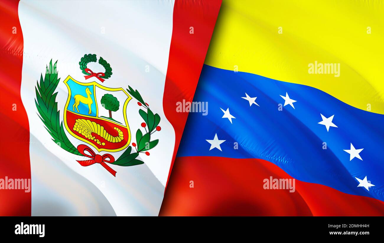 Flagge von Peru und Venezuela. 3D-Design mit wehenden Fahnen. Peru Venezuela Flagge, Bild, Tapete. Peru vs Venezuela Bild, 3D Rendering. Peru Venezuela relatio Stockfoto