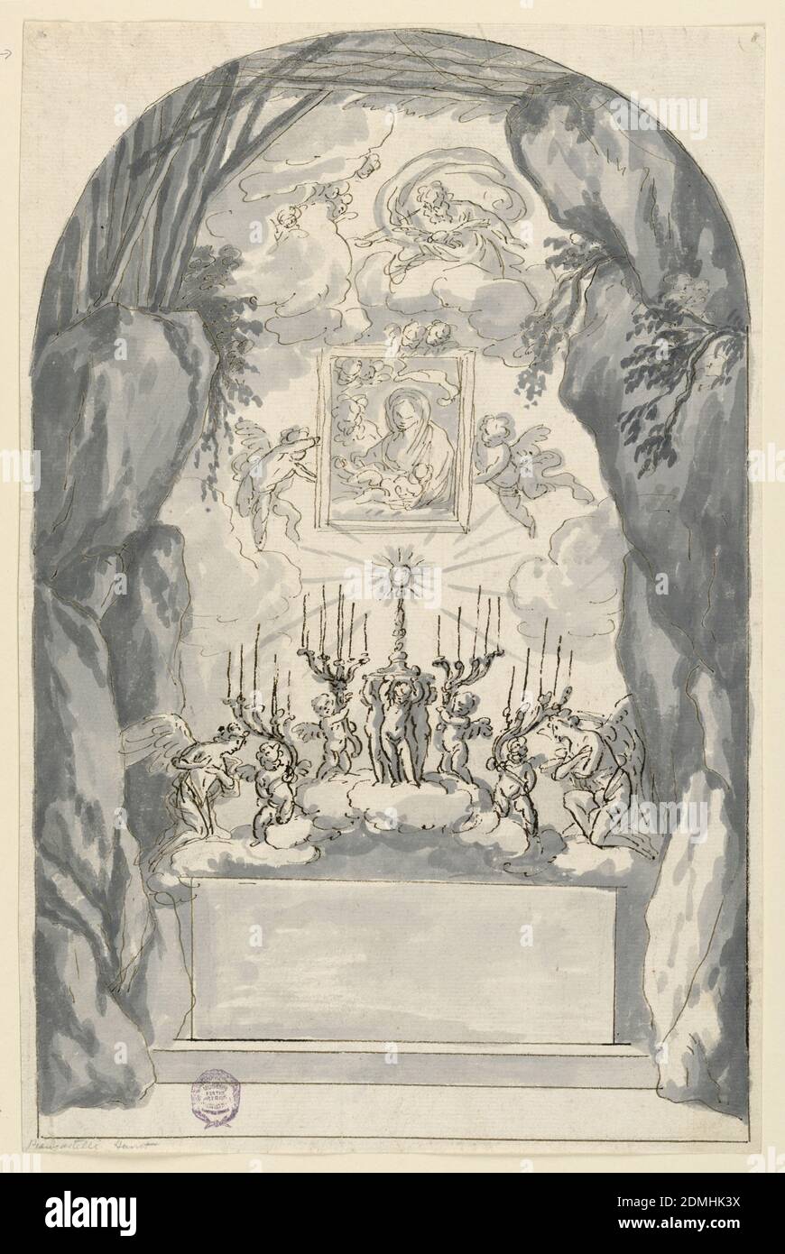 Altar mit Cr che, Feder und brauner Tinte, grauer Waschgang auf weißem Papier, Rom, Italien, 1650–1700, Architektur, Zeichnung Stockfoto