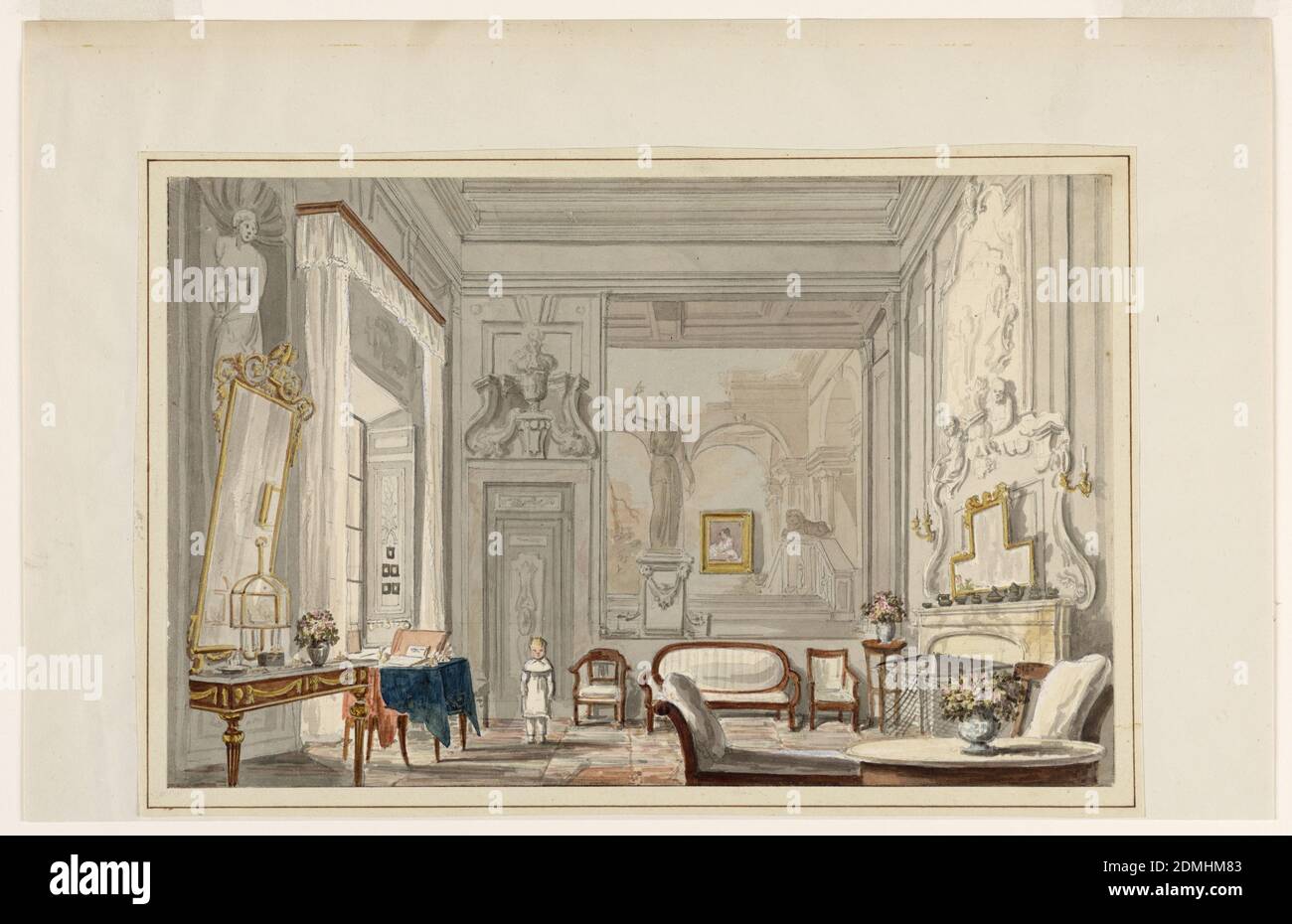 Ein Raum in einem florentinischen Palast, Unbekannt, Italienisch, Pinsel und Aquarell, Gouache, Goldfarbe, Graphit auf weißem Wove Papier, die Wanddekoration in der Grisaille-Technik des achtzehnten Jahrhunderts wird durch Spiegel und ein Porträt verdeckt. Der auf Louis XVI montierte Ormolu-Tisch, der bergere-Sessel und gepolsterte Holzmöbel bilden einen Raum mit gemischtem Stil. Ein Tisch, der mit einem blauen Tuch zum Schreiben oder Malen bedeckt ist, steht neben dem Fenster. Ein kleiner Junge in weißem Kleid und Pantaletten steht vor der Tür., 1824, Interieurs, Drawing Stockfoto Ein Raum in einem florentinischen Palast, Unbekannt, Italienisch, Pinsel und Aquarell, Gouache, Goldfarbe, Graphit auf weißem Wove Papier, die Wanddekoration in der Grisaille-Technik des achtzehnten Jahrhunderts wird durch Spiegel und ein Porträt verdeckt. Der auf Louis XVI montierte Ormolu-Tisch, der bergere-Sessel und gepolsterte Holzmöbel bilden einen Raum mit gemischtem Stil. Ein Tisch, der mit einem blauen Tuch zum Schreiben oder Malen bedeckt ist, steht neben dem Fenster. Ein kleiner Junge in weißem Kleid und Pantaletten steht vor der Tür., 1824, Interieurs, Drawing Stockfoto