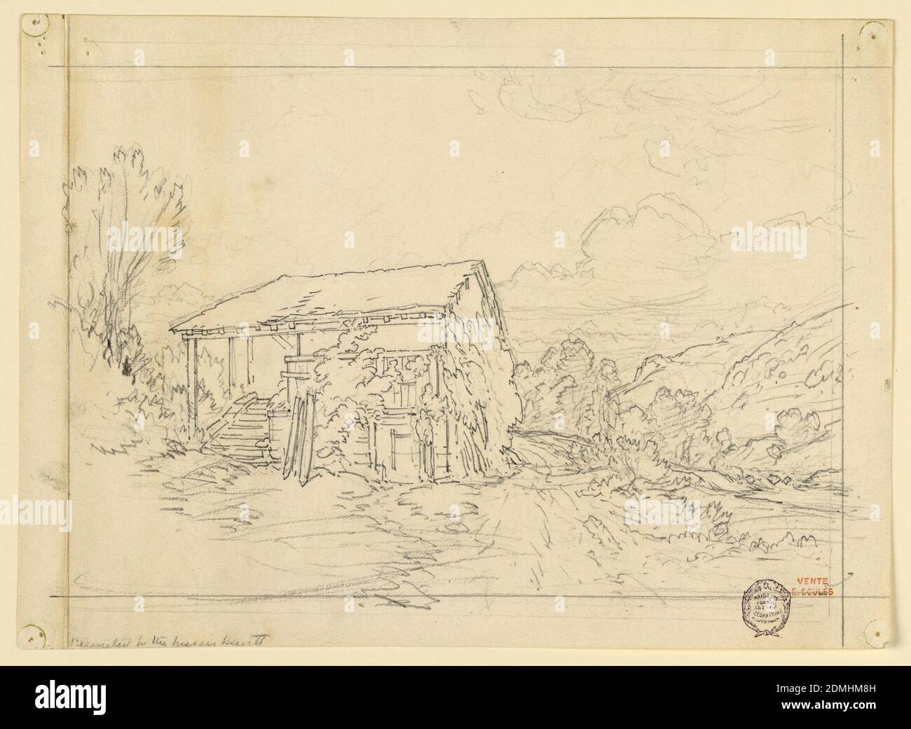 Ein Bauernhaus in einem Tal, Eugène Edouard Soulès, französisch, 1811–1876, Graphit auf Papier, das Haus ist links. Framing Lines., Frankreich, ca. 1840, Zeichnung Stockfoto