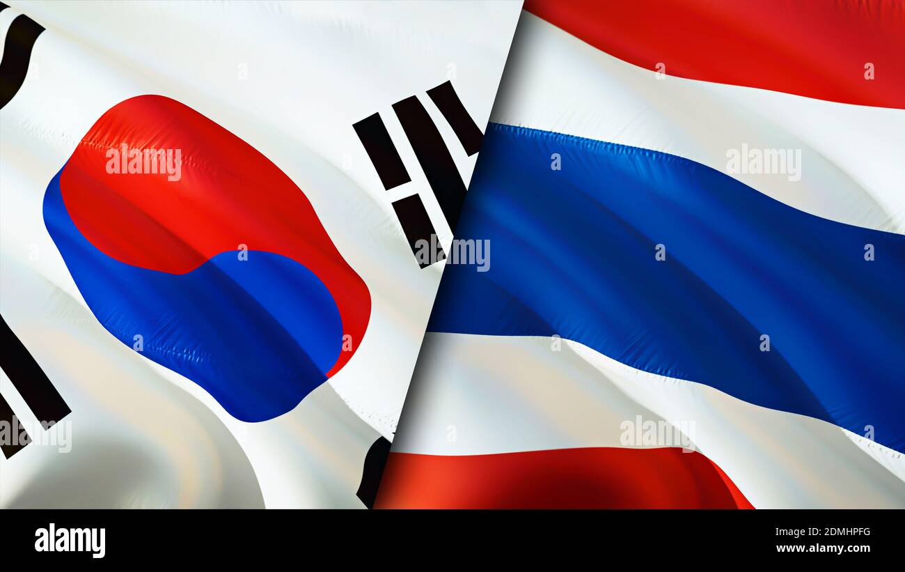 South Korea and Thailand flags. 3D Waving flag design. South Korea Thailand flag, picture, wallpaper. South Korea vs Thailand image,3D rendering. Sout Stockfoto