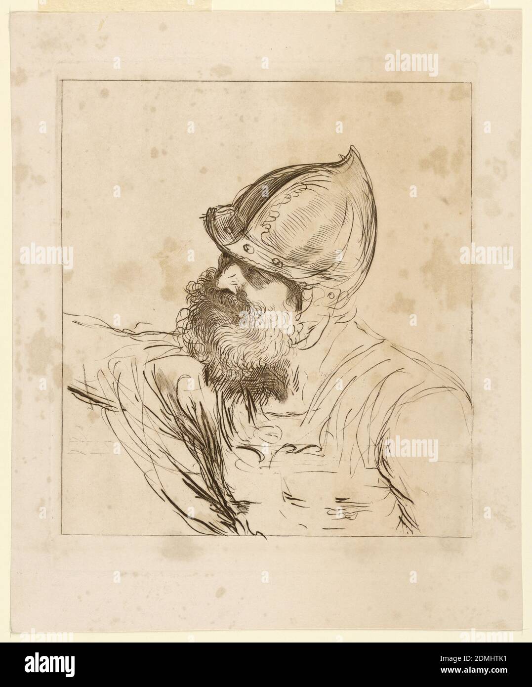 Soldatenkopf, Giuseppe Zocchi, italienisch, 1711 oder 1717 - 1767, Giovanni Francesco Barbieri (genannt Guercino), italienisch, 1591 – 1666, Gravur in brauner Tinte auf weißem Papier, der Soldat in einem spitzen und visorierten Helm steht links, eine Kunst an dieser Seite, die andere ausgestreckt., Italien, ca. 1760–1780, Drucken Stockfoto