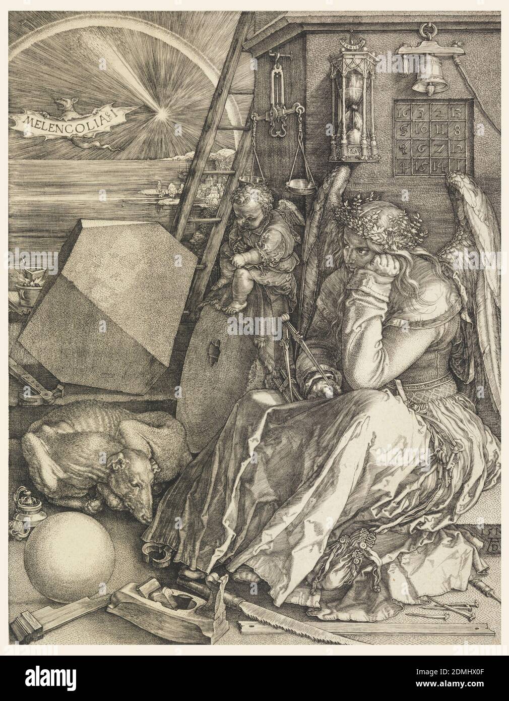 Melencolia I, Albrecht Dürer, Deutsch, 1471–1528, auf cremeweißem Papier gravend, sitzt rechts die geflügelte Figur einer Frau, in einem langen Gewand gekleidet, sie stützt ihren Kopf auf ihre linke Hand und hält einen Kompass in ihrer rechten Hand. Ein geflügeltes Genie sitzt neben ihr und schreibt auf einer Tafel. Hinter ihnen ist ein quadratischer Turm, der eine Skala, eine Sanduhr, eine Glocke und ein magisches Quadrat zeigt. Der Vordergrund ist mit verschiedenen Instrumenten übersät, die mit der Zimmerei und Konstruktion in Verbindung stehen: Eine Säge, eine Ebene, ein Hammer und Nägel und Holzlängen. Links schläft ein Hund zwischen einer Kugel und einem Polyeder gewellt. Stockfoto