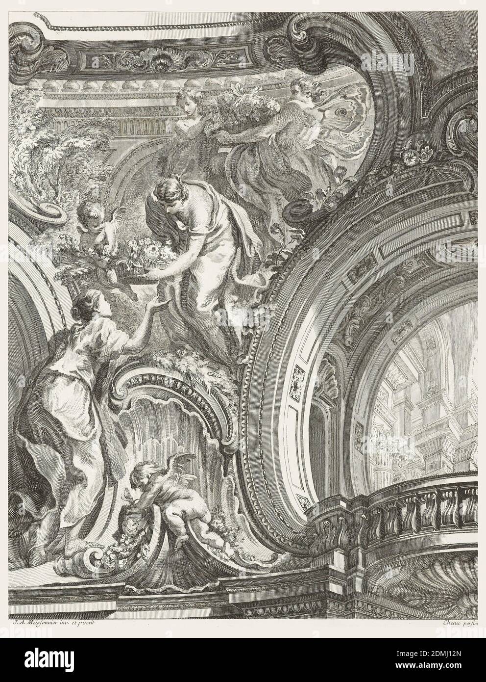 Projet de l'angle d'un Sallon portatif pour le Roy (Design for a Corner of a Salon), Platte 98, in oeuvres de Juste-Aurèle Meissonnier (Werke von Juste-Aurèle Meissonnier), Juste-Aurèle Meissonnier, Französisch, B. Italien, 1695–1750, Gabriel Huquier, französisch, 1695–1772, Gravieren auf Papier, Blick auf die obere Ecke eines Raumes; links ein Putto auf einem Rocaille-Gesims, der zu einer Frau mit Roben führt, die sich zu einer anderen Frau beugt, die ihr einen Blumenkorb überreicht. Oben, mehr Figuren halten einen großen Korb von Blumen; C-Kurven Rahmen diese Szene. Rechts, Trompe l'oeil Balkon mit Architektur Stockfoto