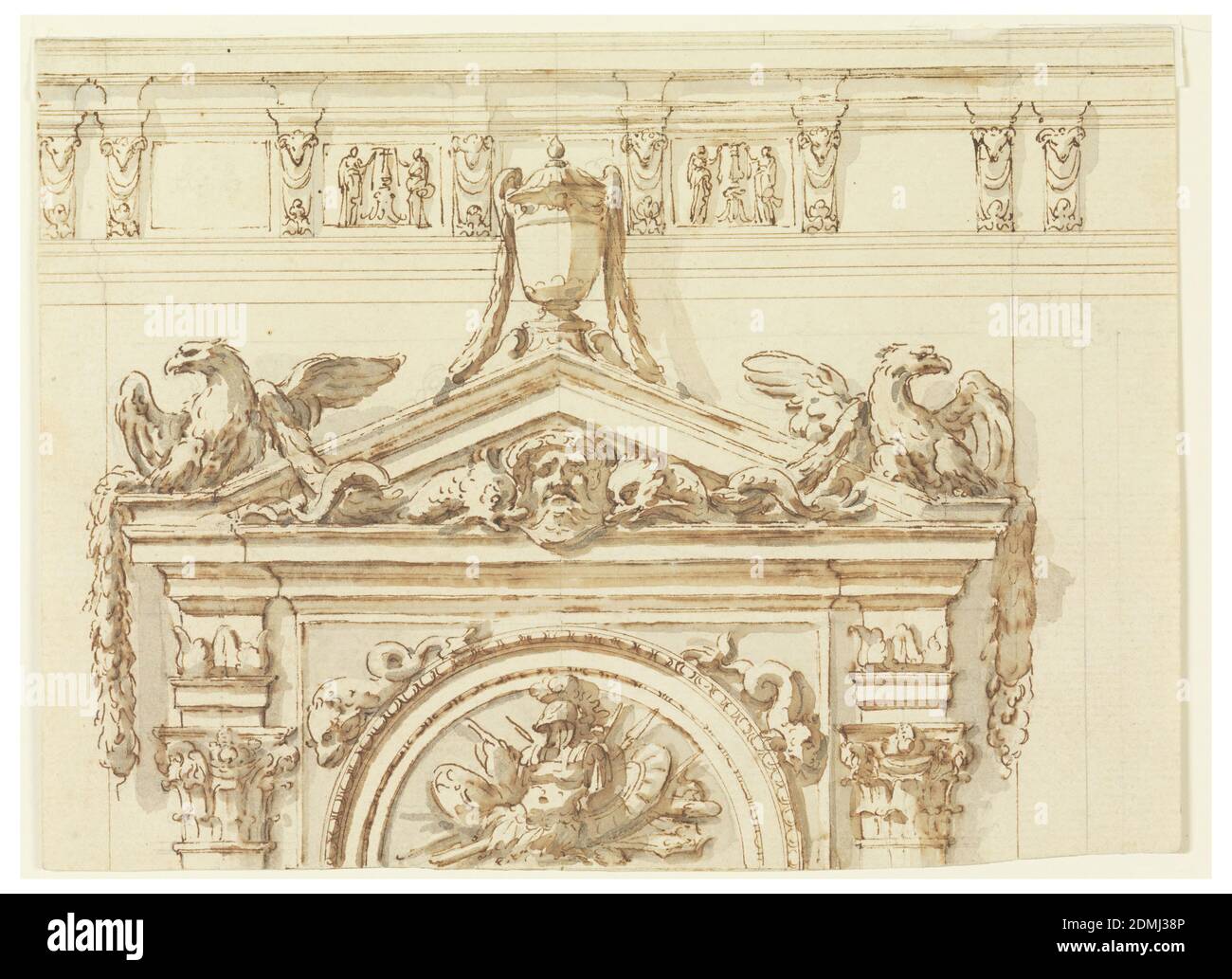 Design for the East Portal, Grand Gallery, Villa Albani, Rome, Italy, Carlo Marchionni, Italian, 1702–1786, Pen and Brown ink, brush and Brown, grey wash, black chalk on Cream laid paper, architectural study of Arch overtipped with pediment. Ein Halbkreis ist in ein längliches, aus Formteilen bestehendes Rechteck mit einer Trophäe von Waffen im Inneren eingeschrieben. Delphine liegen auf den Leisten in den Keilen. Seitlich sind die Kapitale von zwei eingebetteten korinthischen Säulen, die die Entablatur unterstützen. Oben ist ein stilisierter Giebel mit einer Maske zwischen Delphinen. Letztere sind mit Festounen verflochten, die von zwei Adlern hängen Stockfoto Design for the East Portal, Grand Gallery, Villa Albani, Rome, Italy, Carlo Marchionni, Italian, 1702–1786, Pen and Brown ink, brush and Brown, grey wash, black chalk on Cream laid paper, architectural study of Arch overtipped with pediment. Ein Halbkreis ist in ein längliches, aus Formteilen bestehendes Rechteck mit einer Trophäe von Waffen im Inneren eingeschrieben. Delphine liegen auf den Leisten in den Keilen. Seitlich sind die Kapitale von zwei eingebetteten korinthischen Säulen, die die Entablatur unterstützen. Oben ist ein stilisierter Giebel mit einer Maske zwischen Delphinen. Letztere sind mit Festounen verflochten, die von zwei Adlern hängen Stockfoto