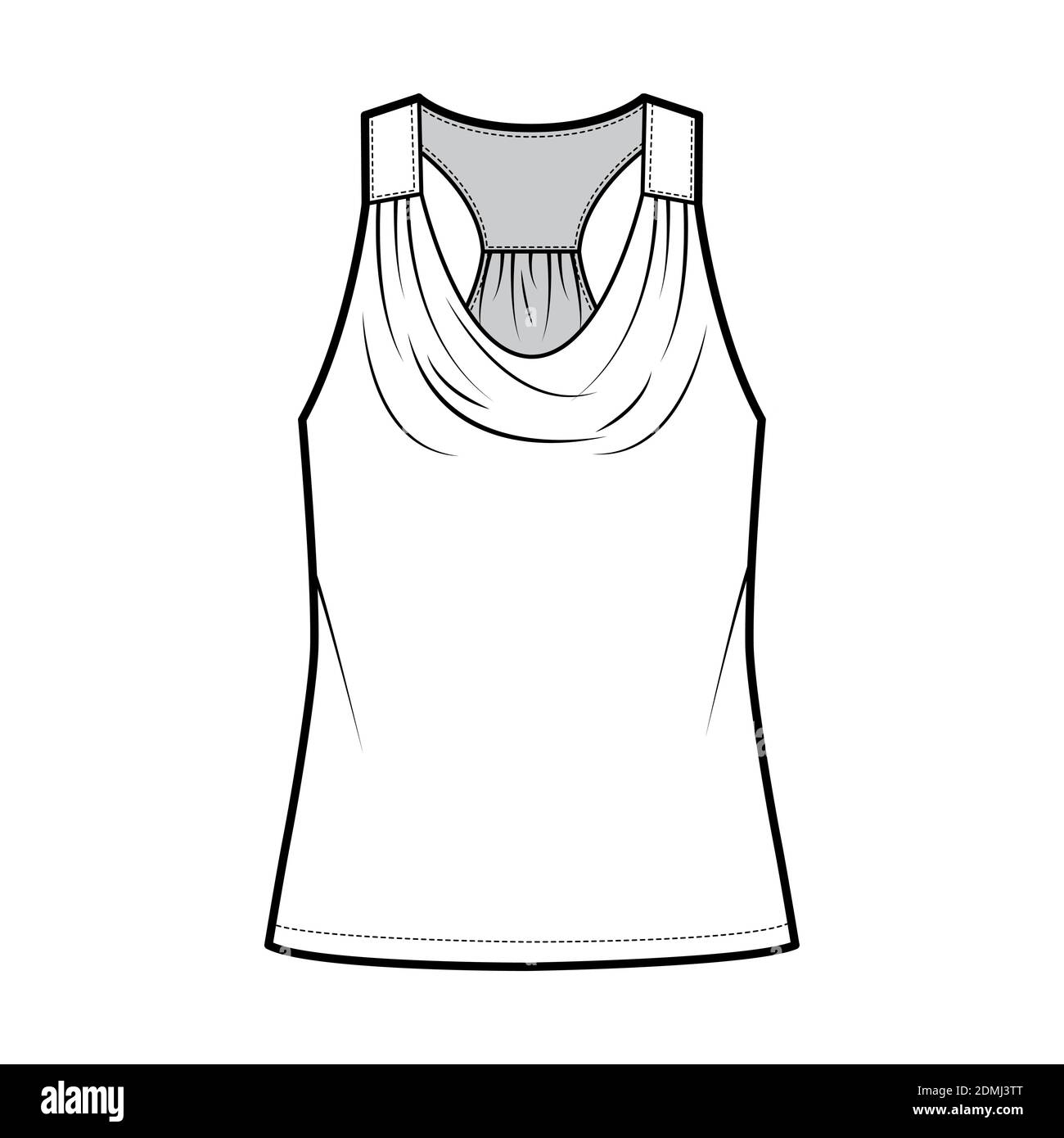 Tank Racerback Cowl top technische Mode-Illustration mit Rüschen, überdimensioniert, Tunika Länge. Flat Bekleidung outwear Hemdschablone vorne, weiß. Frauen, Männer Unisex CAD mockup Stock Vektor