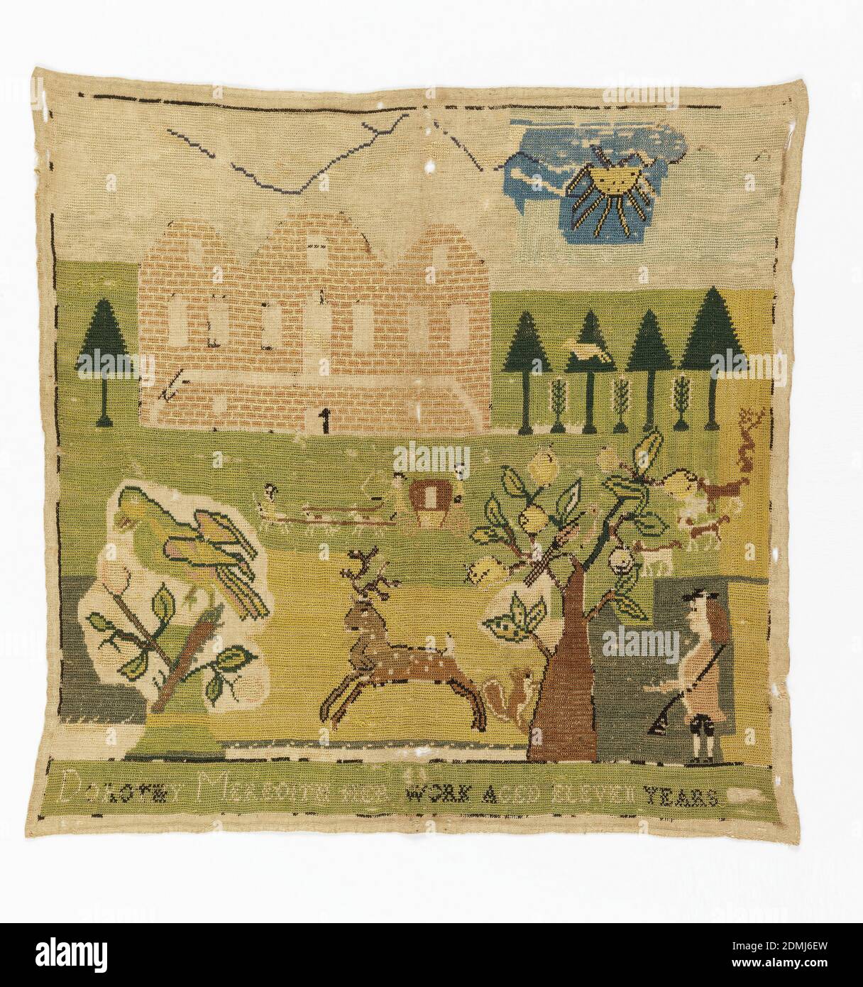 Sampler, Dorothy Meredith, Medium: Seidenstickerei, Leinenfundament Technik: Massiver Kreuzstich auf Leinwandbindung, Landschaft mit Haus, Bäumen und Pferdewagen in der Ferne; Jäger, Hirsch und Vogel auf Baum im Vordergrund., England, Ende 18. Jahrhundert, Stickerei & Stitching, Sampler Stockfoto