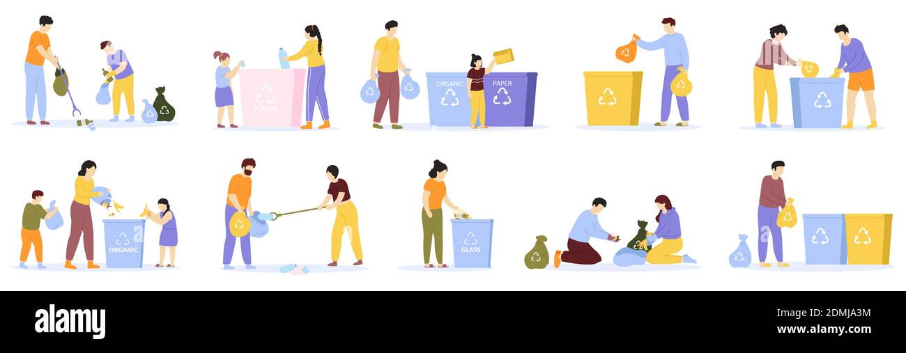 Menschen verschwenden Sortierung. Familie mit Kindern Sortieren Recycling Müll, Haushaltstätigkeit, Reinigung Umwelt. Vektorgrafik für Abfallsortierung Stock Vektor