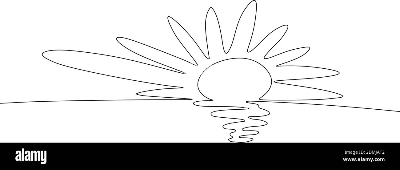 Kontinuierliche eine Linie zeichnen. Sonnenuntergang auf dem Meer. Vector Illustration. Stock Vektor