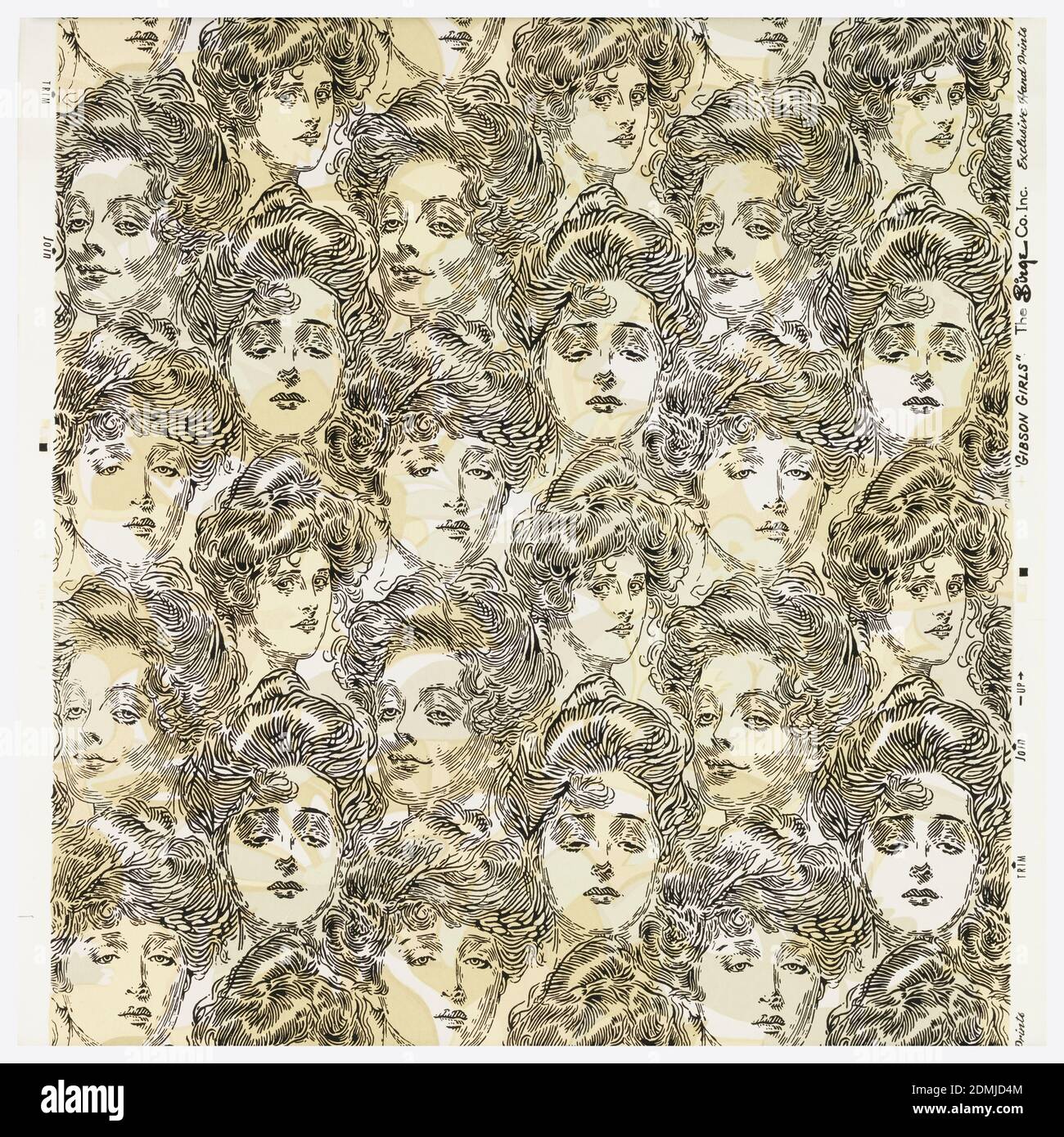 Bachelor's Wall Paper, Charles Dana Gibson, American, 1867–1944, M.H. Birge & Sons Co., 1834, maschinenbedrucktes Papier, ein sich wiederholendes Muster mit den Gesichtern von Charles Dana Gibsons unverwechselbaren 'Gibson Girls'. A) die Gesichter sind in Schwarz mit hellblauen Farbflecken für die Haare gedruckt, auf einem cremefarbenen Grund. 'A' ist maschinell gedruckt; b) eine 1969 Birge Reproduktion des Originals. Das gleiche Design wie 'A', aber umgekehrt und etwas größer. Die Gesichter sind in schwarz auf einem möglicherweise 3-farbigen Blumengrund mit dem Aussehen einer Tarnung gedruckt. 'b' ist Siebdruck., Buffalo, New York, USA Stockfoto
