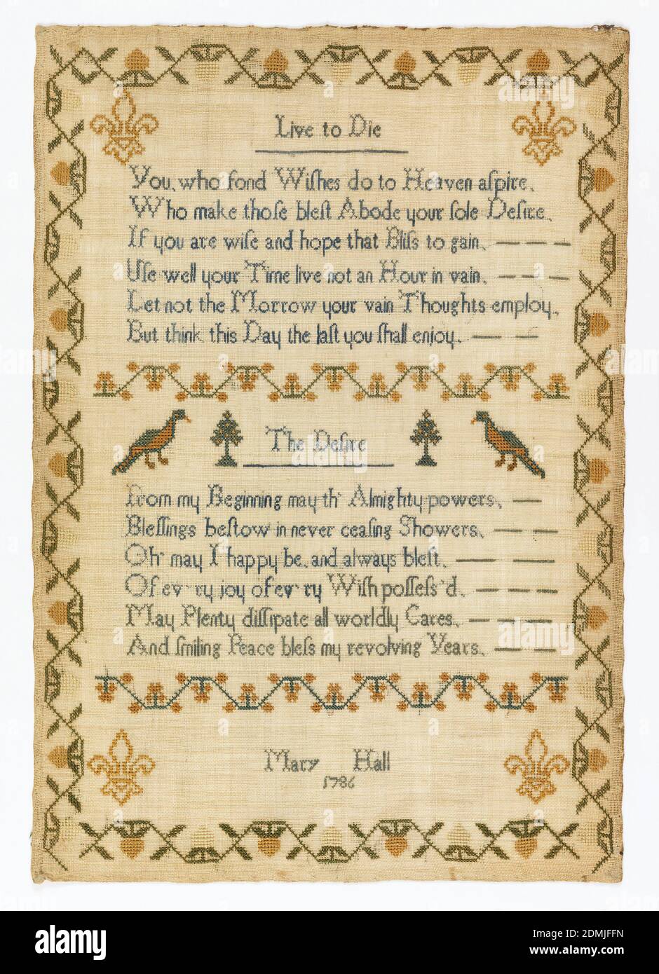 Trauerprobenehmer, Mary Bechler, amerikanisch, Medium: Seide und Menschenhaar Stickerei auf Leinenfundament Technik: Auf Leinwandfundament gestickt, STEHEN EIN Mann und eine Frau in Schwarz auf beiden Seiten eines Grabes, das von einer Urne überragt wird, die von einer Trauerweide beschattet ist. Die Inschrift auf dem Grab lautet:, heilig an die Erinnerung an Elizabeth Moore, die dieses Leben verlassen März der 7., 1830 im Alter von 32 Jahren, sechs Monate und 28 Tage., mit einer tiefen Rose Rebe Grenze an der Spitze und an den Seiten, und die Inschrift. Menschliches Haar wird für die Haare der beiden Figuren verwendet., Maytown, Pennsylvania, USA, 1838, Stickerei Stockfoto