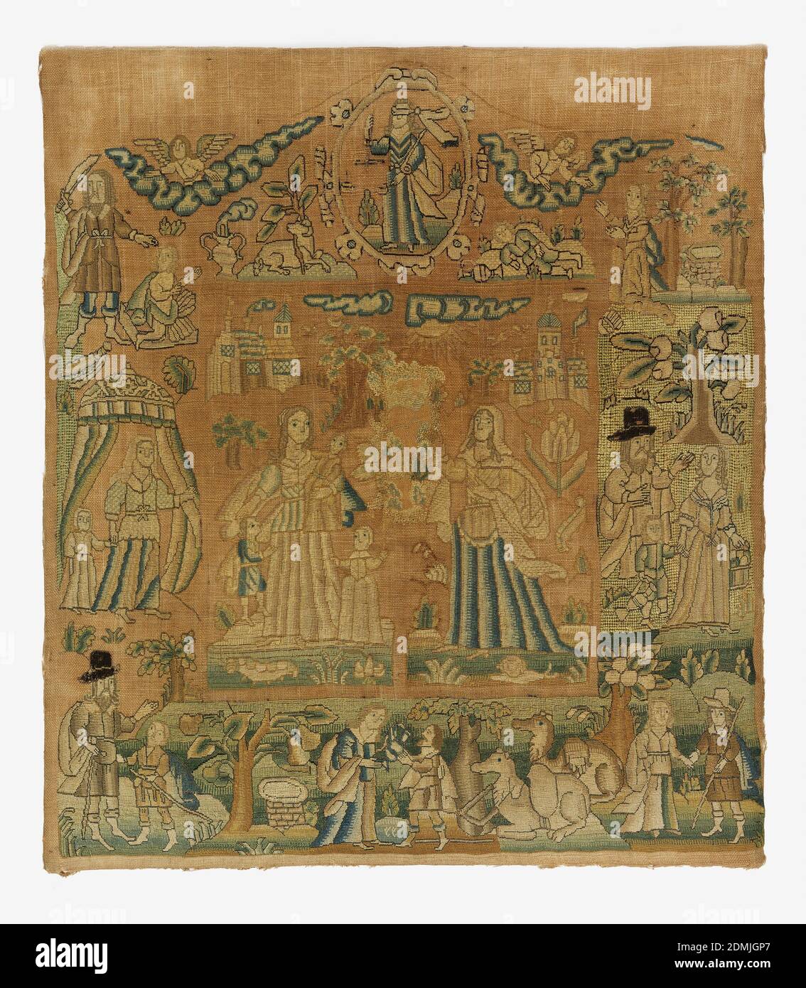 Bestickter Bilderrahmen, Medium: Seidenstickerei auf Leinenfundament Technik: Gestickt im Zelt und halbe Kreuzstiche auf Leinwandfundament, Bilderrahmen mit Scalloped Top. Biblische Szenen einschließlich der Geschichte von Abraham an der Grenze. Gerechtigkeit in einem Medaillon an der Spitze. Zentraler Teil später mit den Figuren von zwei Frauen gefüllt. Die Kleinbuchstaben l.l. sind unten. Der Unterschied in der Größe der Hintergrundstichen zeigt an, dass die Arbeit zu zwei verschiedenen Zeiten durchgeführt wurde. Unvollendet., England, 17. Jahrhundert, Sticken & Stitching, bestickter Bilderrahmen Stockfoto
