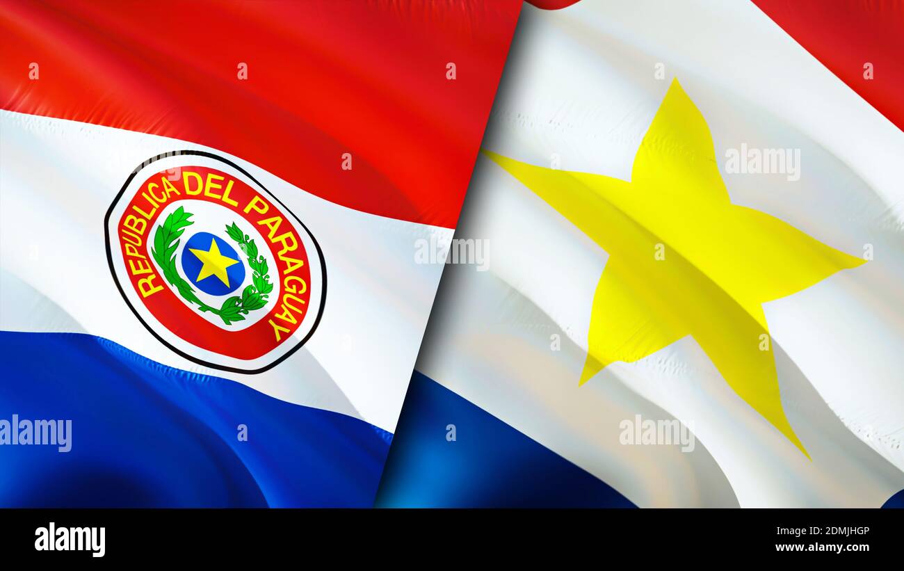 Flaggen von Paraguay und Saba Island. 3D-Design mit wehenden Fahnen. Paraguay Saba Insel Flagge, Bild, Tapete. Paraguay vs Saba Island Bild, 3D Rendering. Absatz Stockfoto