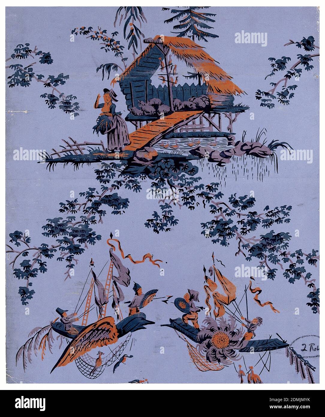 Seitenwand, Block auf handgefertigtem Papier gedruckt, Chinoiserie, die Hirtin darstellt, die ihre Herde bewacht, abwechselnd mit einem Paar Boote, die in Luftkämpfe verwickelt sind., Paris, Frankreich, ca. 1785, Wallcoverings, Sidewall Stockfoto